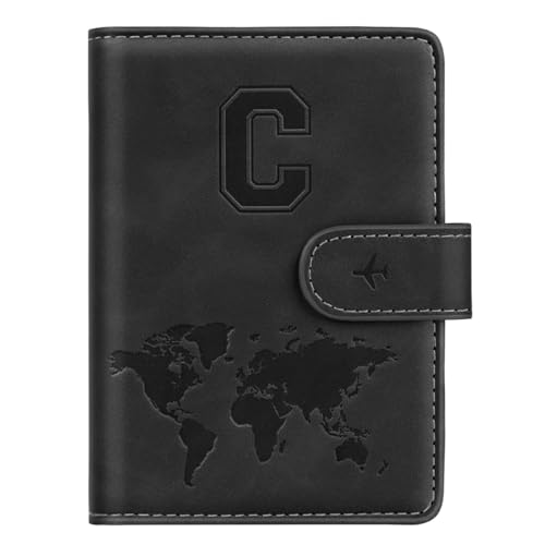 Passport Holder Wallet Cover Personalized Letter A-Z Travel Wallet RFID Blocking Passport Cover Wallet Case for Travel Passport Book Holders for Women and Men Black-C