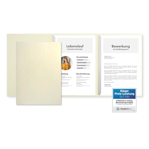 5 Stück 3-teilige Bewerbungsmappen Creme mit 2 Klemmschienen in feinster Lederstruktur - hochwertige Prägung ''BEWERBUNG'' - direkt vom Hersteller STRATAG