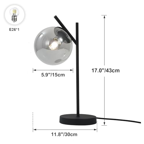 Image of Black Table Lamp Vintage Metal Desk Lamp Modern Smoke Gray Glass Globe Nightstand Lamp Nordic Bedside Lamp for Living Room Bedroom Office