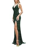 RYANTH Mermaid Emerald Green Prom Dresses with Slit Long for Women Sexy Backless Sequin Bridesmaid Dress Formal Gown Size 6