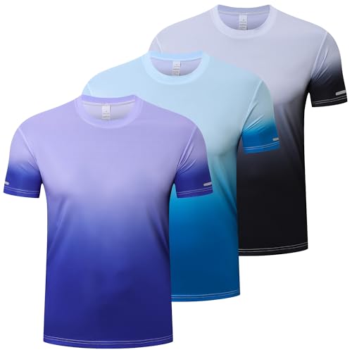 Gaiatiger 3 Pack Men's Short Sleeve Quick Dry Short Sleeve Fitness T-Shirt Breathable Athletic Running Top for Men-T5080-Black-Lake Blue-Purple-L