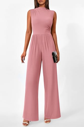 Image of PRETTYGARDEN Women's Summer Dressy Casual Jumpsuits | Cozy Ribbed Fabric, Sleeveless Mock Neck, Back Zipper, Pockets, Wide Leg Pants Rompers, Fashion Clothing, One Piece Outfits