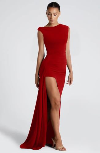 Image of Memoriesea Women's Elegant Off Shoulder Ruched High Split Wedding Party Maxi Dress Red