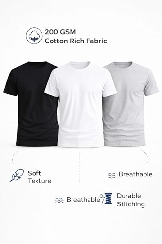 Image of Men's Round Neck T-Shirt Combo Pack (Pack of 3) | 100% Cotton 200 GSM | Bio-Washed | Soft & Breathable | Regular Fit Plain T-Shirts for Men