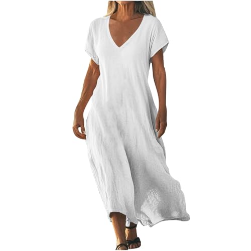 AACH Strandkleid Damen Lang Sommerkleider Elegant Kurzarm Freizeitkleid Lose Boho Maxikleid V-Ausschnitt Kleider Baumwolle Leinen Kleid Einfarbig...