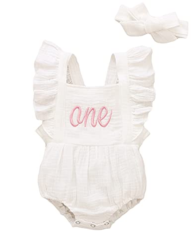 Aslaylme 1st Birthday Girl Outfit Baby Girls One Year Old Birthday Bodysuit (White,12-18 Months)