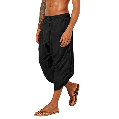 Harem Pants - Pantaloni da yoga da uomo, vestibilità ampia, con coulisse in vita, con tasche, medievali, pantaloncini a 3/4, in tinta unita, estivi, corti, vichinghi, stile casual, M-3XL, Nero , M