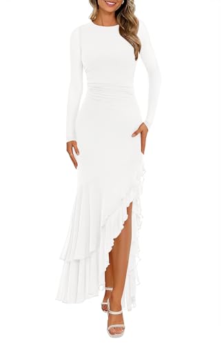 BTFBM Women's Maxi Dresses Fall 2025 Long Sleeve Ruched Bodycon Solid Ruffle Mermaid Cocktail Wedding Guest Dress