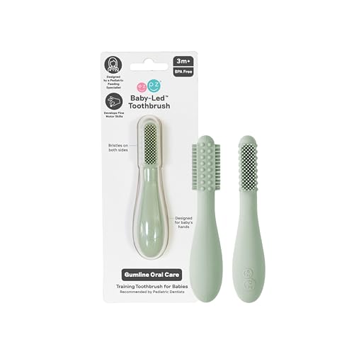 Image of ezpz Baby-Led Toothbrush (Sage) - 3 Months + - 100% Silicone Infant Toothbrush with Sensory Bumps - Cleans Gums + New Teeth - Improves Hand-to-Mouth Coordination, Self-Feeding Skills