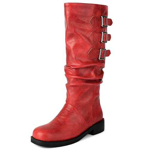 KysBloes Knee High Buckle Boots for Women Flats Riding Boots Sqaure Toe Slouch Boot Low Heel Biker Moto Gothic Shoes