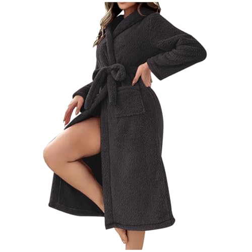 Image of Zeiayuas Dressing Gown for Women UK Fluffy Bath Robes Ladies Super Soft Bathrobe with Hood Winter Cozy Fleece Warm Bath Robe Cute Dressing Gown Faux Fur Bathrobe with Pocket Gifts for Her Dark Gray