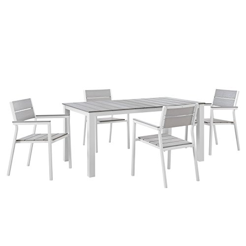 Modway Maine Aluminum 5-Piece Outdoor Patio Dining Set With 63 Inch Dining Table And Four Dining Armchairs In White Light Gray #TOP12