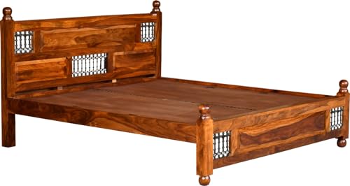 Image of Solid Sheesham Wood King Size Bed Without Storage | Wooden Double Bed Frame for Guest Room Modern Handcrafted & with Headboard | Walnut Finish