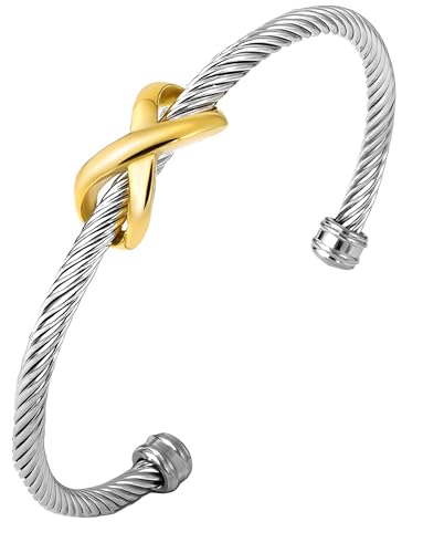 Cuff Bangle Bracelet, Stainless Steel Twisted Cable Wire Bangle Bracelet, Two Tone Vintage Bracelets for Women, Jewelry Gifts