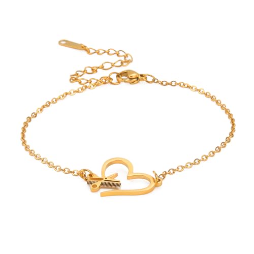 EUEAVAN Bracciale con ciondoli a forbice e pettine Bracciale regolabile Gioielli per parrucchieri Braccialetti a forma di cuore d'amore (Oro)