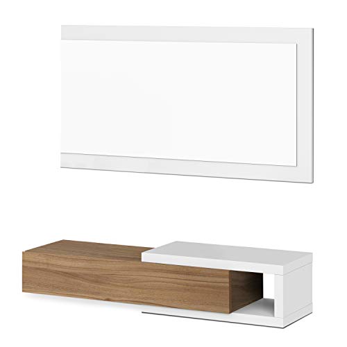 Habitdesign 0N6743A - Recibidor con cajón + Espejo, Modelo Noon, Acabado en Blanco Artik y Nogal, Medidas: 95 cm (Ancho) x 19 cm (Alto) x 26 cm (Fondo)