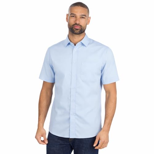 Mens Short Sleeve Shirt Tailored Fit Easy Iron Collared Button Up Poplin Smart Casual Business Wedding Office Shirt (Pale Blue, 17.5)