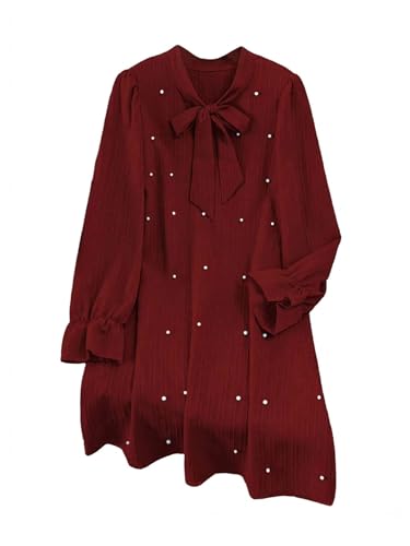 Image of WDIRARA Women's Plus Size Pearl Beaded Tie Neck Long Sleeve Casual Work Short Dress
