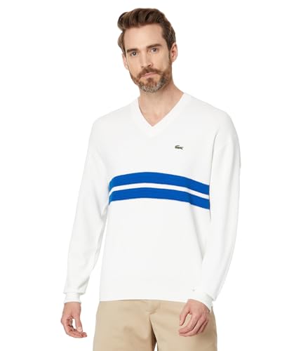 Lacoste Men's Long Sleeve Relaxed Fit V Neck Sweater W/Stripes, Flour/Ladigue, S