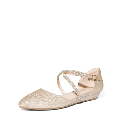 DREAM PAIRS Pointed Toe Low Wedge Heeled Ankle Strap Flats Shoes for Women Dressy Comfortable, Casual Slip-on Dress Shoes for Business Office and Work 7 Gold-glitter