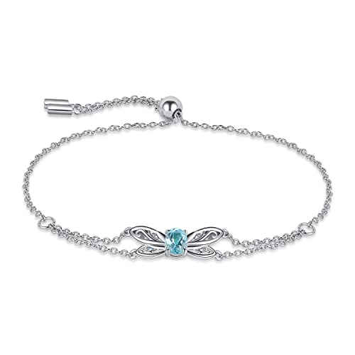 JewelryPalace Libélula Ajustable Pulsera Mujer Plata, Pulsera Niña Doble Cadena con Topacio Natural Azul Cielo, Brazalete Mujer Elegantes Plata de Ley 925, Conjunto Joyas Mujer con Piedra Preciosa