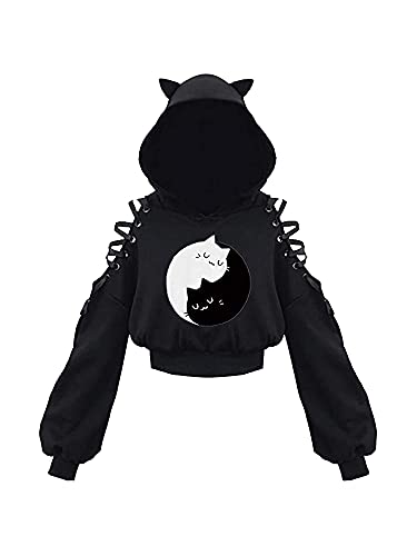 Loalirando Damen Cute Cat Ear Crop Top Oversized Hoodie Off Shoulder Hollow Out Langarm Schwarz Punk Gothic Sweatshirts, Black White Cat, 46 Cover