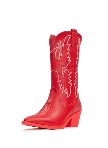 IUV Cowboy Boots For Women Western Cowgirl Boots Pull On Pointy Toe Mid Calf