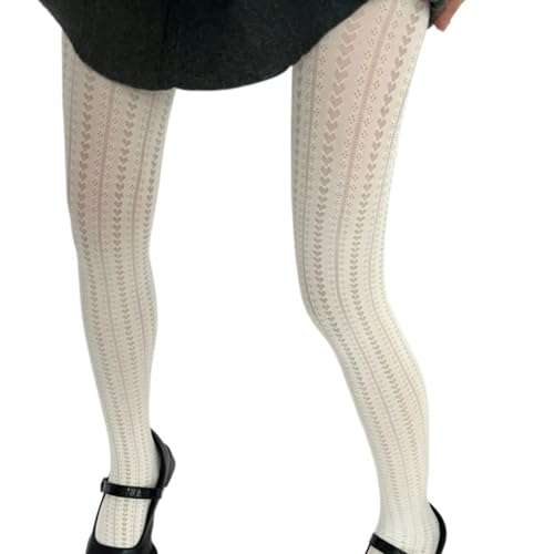 Japanese Elegant Hollowed Out Heart Pattern Tights for Women Aesthetic High Waist Mesh Pantyhose Solid Color