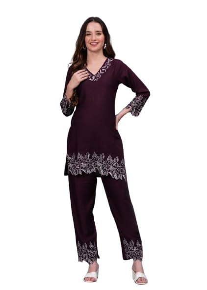 Rayon Fabric Embroidered Pink Color Kurta Pant Set for Women(KNC-EKP-Wine-101)