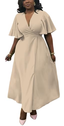 Image of Summer Dresses for Women Semi-Formal Fit Casual Short Ruffle Sleeve V Neck Elegant Swing Split Long Maxi Dresses
