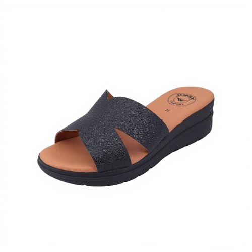 JOMIX Mules Femme Été Mode Talon Compensé Confortable Chaussons Maison Extérieur Sandales Plateforme Effet Brillant Élégant Nu-Pieds Décontracté ITD2206, Noir, 38 EU