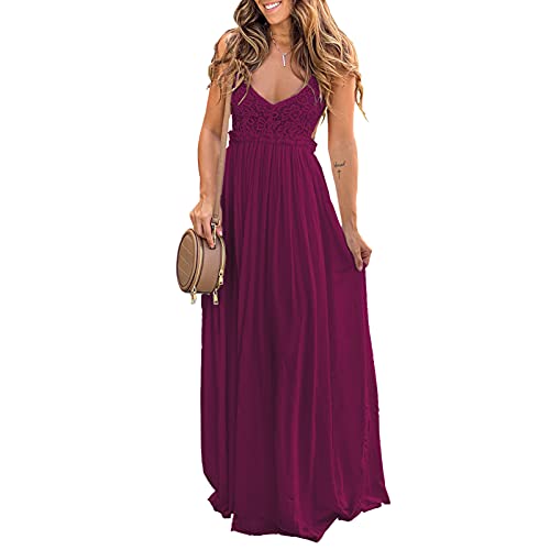 Womens Maxi Dresses,Lace Backless Party Club Beach Long Dresses Wine,Large #TOP1