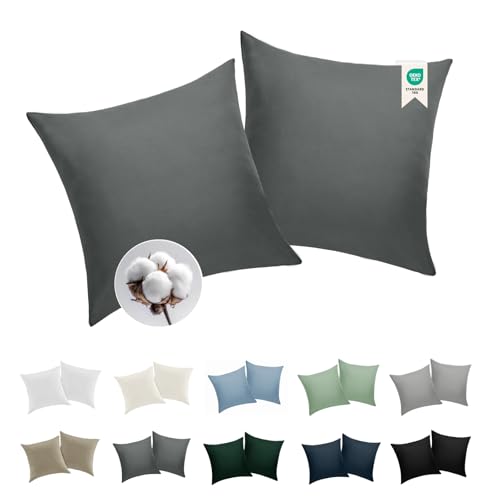 BEDELITE Kissenbezug 80x80 Baumwolle Grau - Kopfkissenbezug 80x80cm Anthrazit 2er Set mit extra Lange Reißverschluss weiche Oeko-Tex Kissen Bezug Dark Grey Pillowcase Pillow Cover
