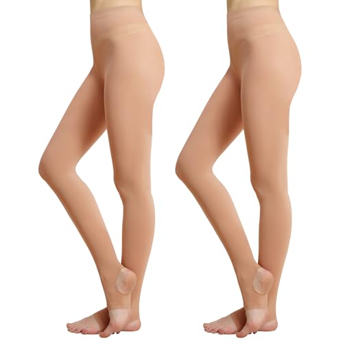 MANZI 2 Paar Ballettstrumpfhose Damen mit Steg 40 Denier Ultraweiche Steigbügel Strumpfhose Tanz Leggings für Yoga Gymnastik Karamell S-M