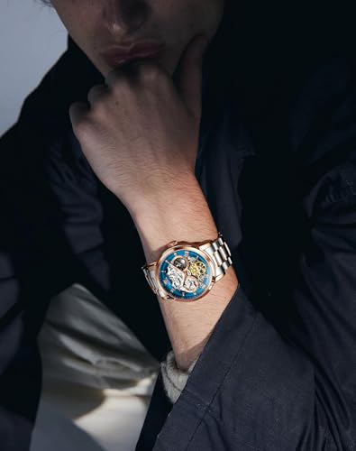 Image of OLEVS Men Automatic Watch Diamond Skeleton Mechanical Luxury Self Winding Moon Phase Calendar Waterproof Wrist Watch for Men
