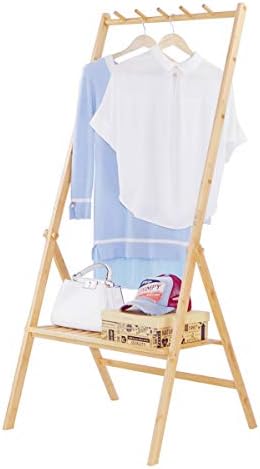 COPREE Bamboo Garment Coat Clothes Hanging Heavy Duty Rack Foldable Space Saving 5 Hooks Stand with top Rod and Lower Shoe Clothing Storage Organizer Shelves