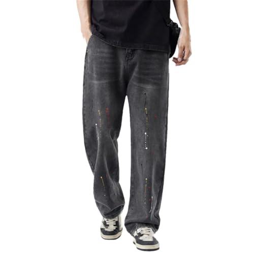 Men's Paint Splatter Straight Jeans Personalized Korean Fashion Baggy Wide Leg Denim Trousers