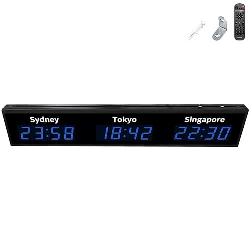 FgdVrelnor Reloj Mundial Digital LED de Gran tamaño, con 5 Zonas horarias, Fabricado en aleación de Aluminio, con Brillo Ajustable en 5 Niveles, para hoteles, Empresas,multinacionales. 3timezones