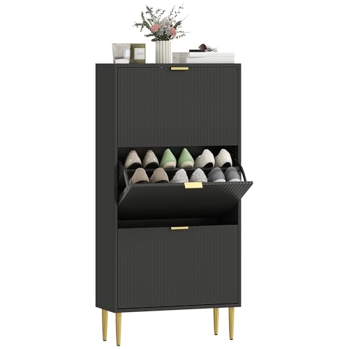 HOMCOM Meuble à Chaussures 18 Paires, Armoire à Chaussures étroite Moderne avec 3 tiroirs rabattables, Portes cannelées et étagères réglables, pour...