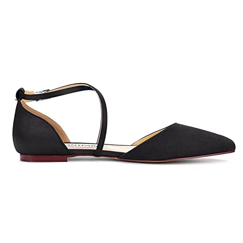 Image of ELEGANTPARK FC2322 Comfortable Satin Pointed Toe Flats for Women Ankle Straps Wedding Flats for Bride Shoes Evening Party Guest Shoes for Women Dressy Low Heel