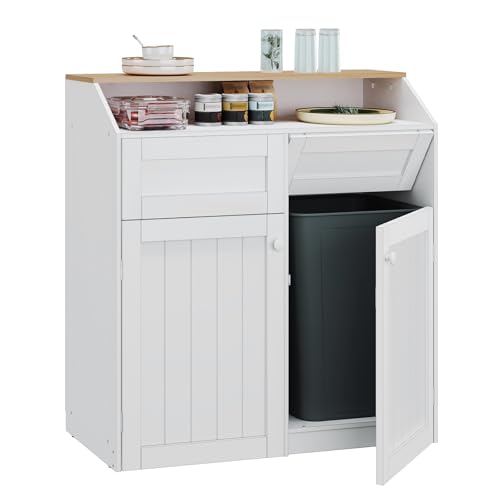 Image of YATINEY Double Trash Cabinet, 20 Gallon Freestanding Trash Can Cabinet, Wooden Recycling with Flip Door, Hidden Kitchen Garbage Can, Laundry, for Kitchen, Laundry, White WB12WT