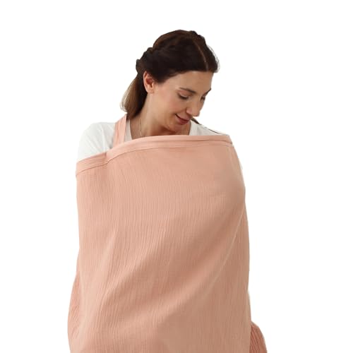 Image of Insular Muslin Nursing Cover for Breastfeeding, Breathable Privacy Nursing Covers with Arch Neckline for Mom, Soft Cotton Multi-use Nursing Apron, Pink