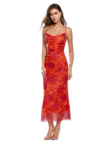 Image of SOLY HUX Women's Floral Mesh Bodycon Cami Dress Cowl Neck Sleeveless Cocktail Party Wedding Guest Long Maxi Dresses