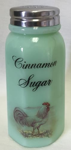 Sugar Shaker - Paneled - Rosso Exclusive - Jadeite w/Chickens - American Made - Mosser Glass USA (White Leghorn Chicken w/Cinnamon Sugar)