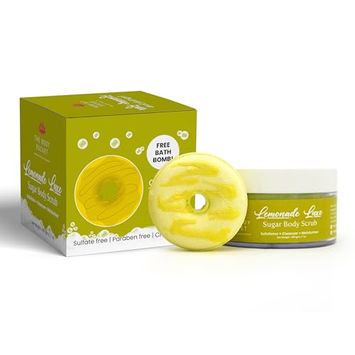 Image of The Body Bucket Lemonade Luxe Sugar Body Scrub- 200g | Included Free Bath Bomb | 3-in-1 Exfoliator, Cleanser, Moisturizer | De-Tan & Brightens Dark Areas| Smooths Strawberry Legs & Arms | Sulfate & Paraben Free