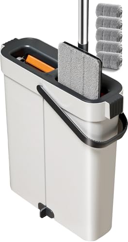 CTIME Großes Flachmopp-System mit Eimer zur Reinigung von Wänden, Fenstern, Treppen und Decken | Effizientes Wischen mit 40 cm (15,75') großer Moppplatte für große Häuser | 6 Mop-Pads