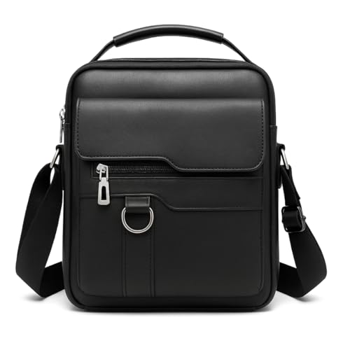 Dynamart Bolsa Tiracolo Masculina, Couro Sintético PU, Preta, Design Vintage, Alça Ajustável, Compartimentos com Zíper, para Trabalho e Viagem, 22x6x26 cm (Preto)
