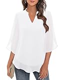 Bebonnie Dressy Tops for Women Night Out, Womens Tops Dressy Casual Ruffle 3/4 Sleeve V Neck Double Layers Chiffon Blouses Tops White M