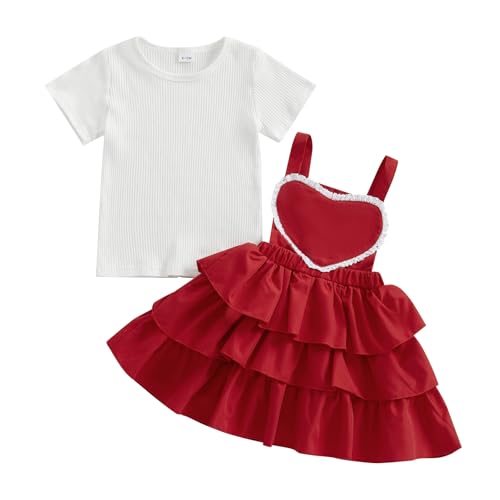 BeQeuewll Toddler Valentines Dress Heart Outfit Solid Shirt Layered Overall Skirt Baby Girls Valentines Outfit 2Pcs (Heart Red, 2-3T)