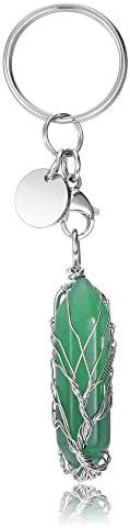 CrystalTears Rose Quartz Healing Crystal Keyring Silver Tree of Life Wire Wrapped Hexagonal Crystal Point Pendant Car Keyrins Keychain for Women Girls Christmas Gift